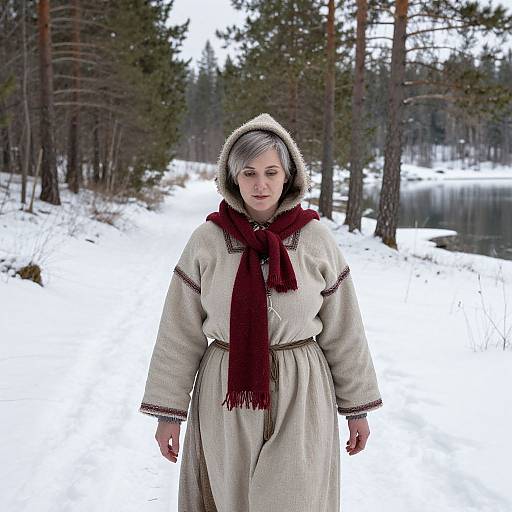 Photograph of an older woman with short gray hair, wearing a beige hooded dress and maroon scarf, standing in a snowy forest near a frozen