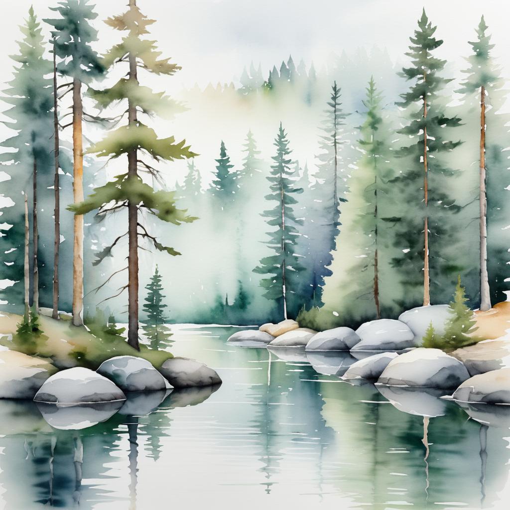 Serene Nordic Forest in Watercolor