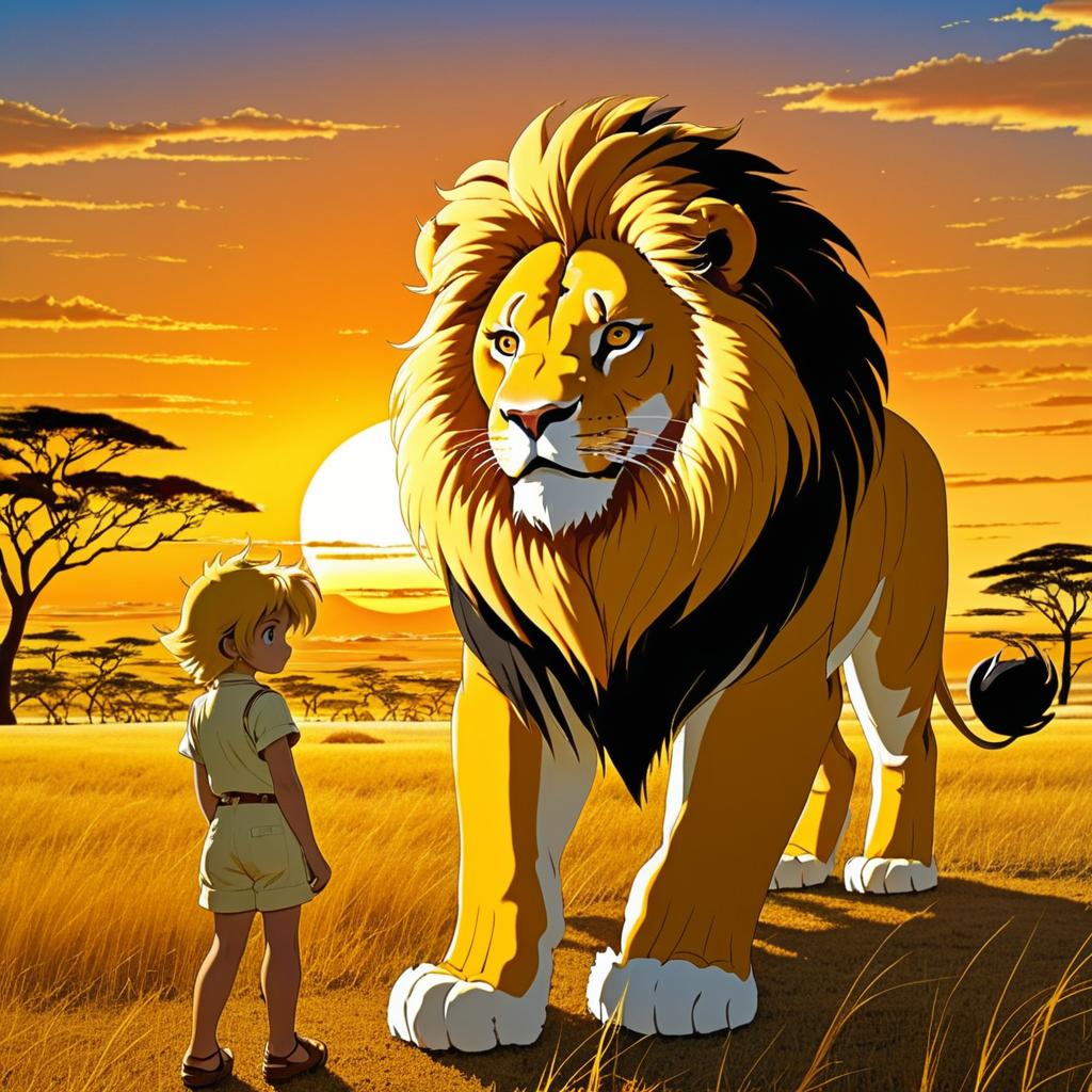 Brave Lion and Explorer in Sunset Savanna