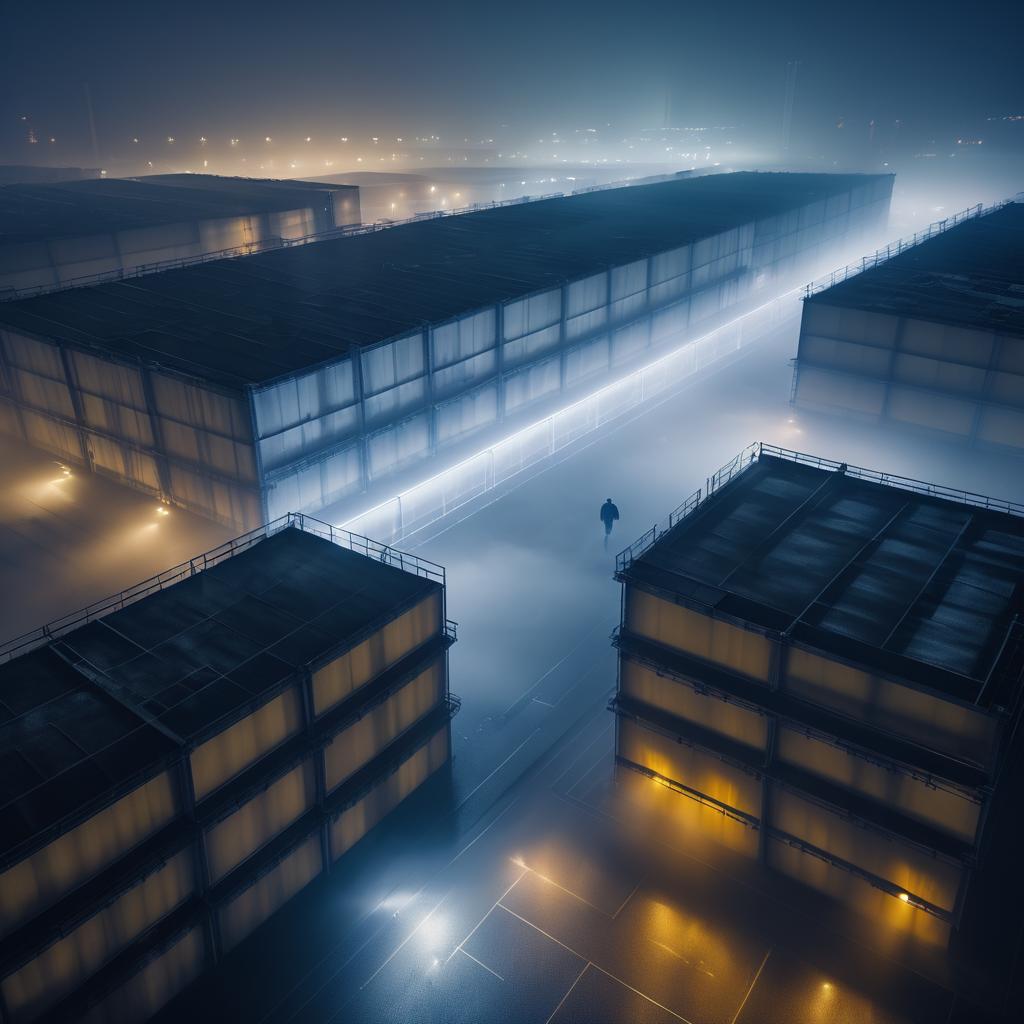 Cinematic Aerial Shot in Foggy Industrial Landscape