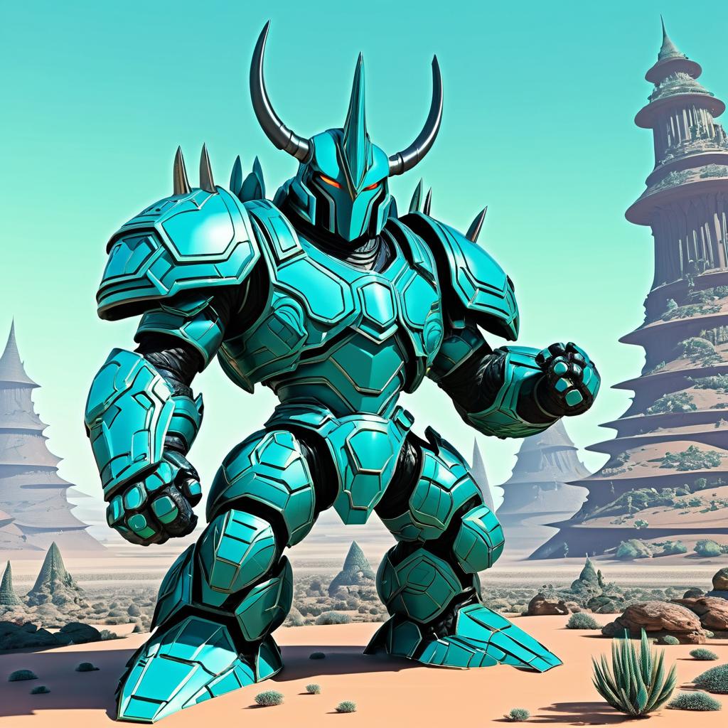 Epic Armored Teal Monster in Alien Landscape