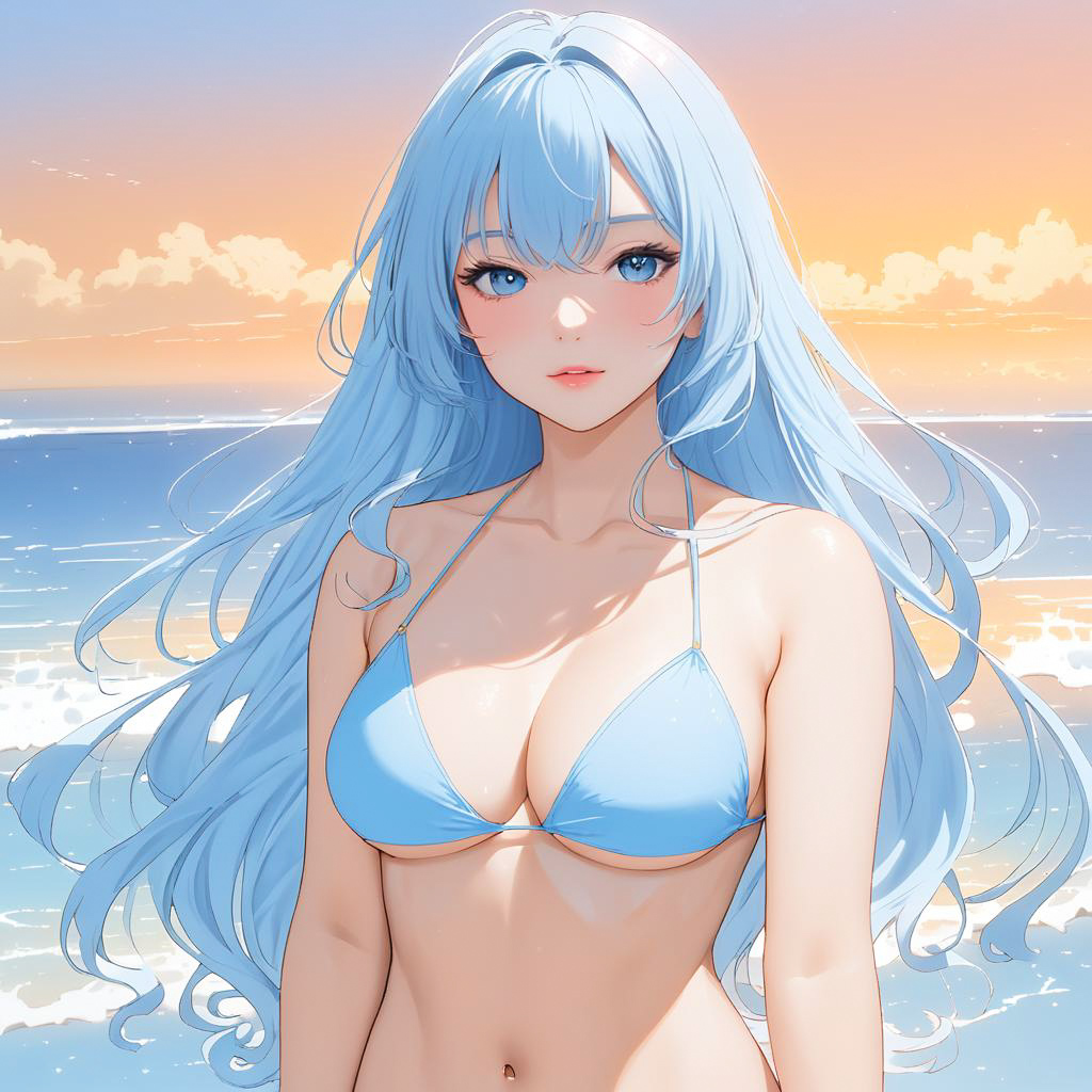 Blushing Woman in Light Blue Bikini