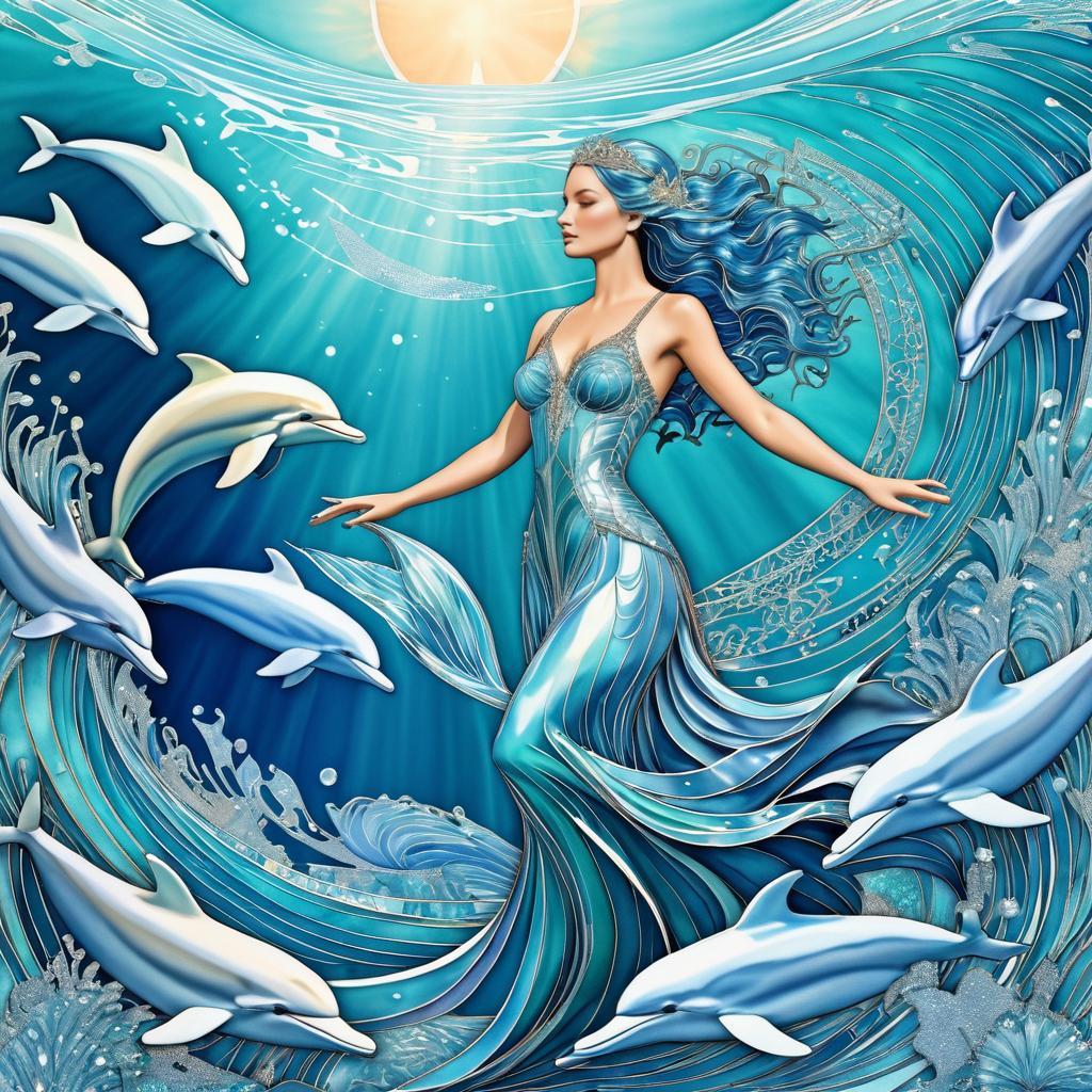 Radiant Ocean Goddess Surrounded by Dolphins