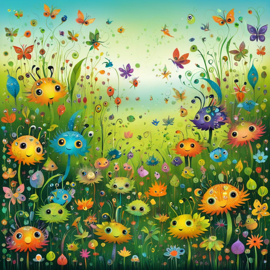 Whimsical Creatures in a Colorful Meadow