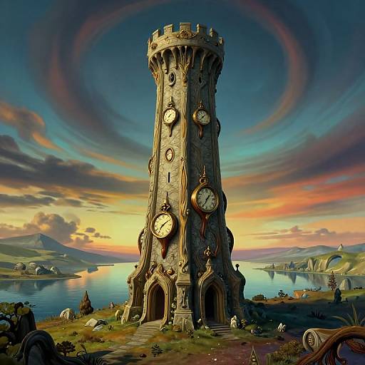 Fantastical CGI tower with clock faces, surrounded by a vibrant, surreal landscape with a colorful sky, lakes, and distant mountains.