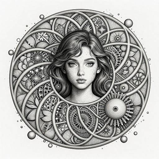 Detailed black-and-white ink drawing of a young woman with wavy hair, surrounded by intricate gears, flowers, and circular patterns.