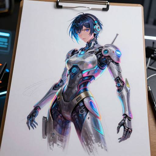 Digital anime-style drawing of a blue-haired, cybernetic woman in a sleek, metallic bodysuit on a white sketchpad, held by a