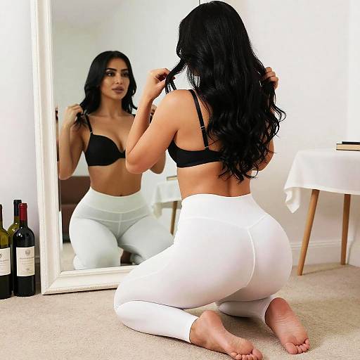 Woman Adjusting Hair by Mirror