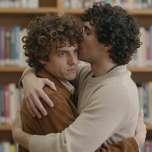 Two Men Hugging in Library
