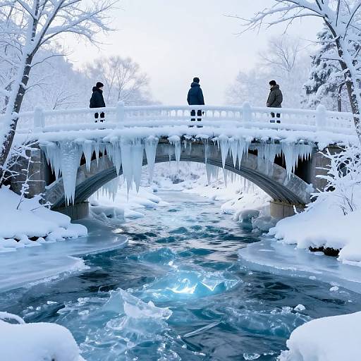 Photograph of three people standing on a snow-covered, icicle-draped bridge over a fast-flowing, icy river in a winter forest.