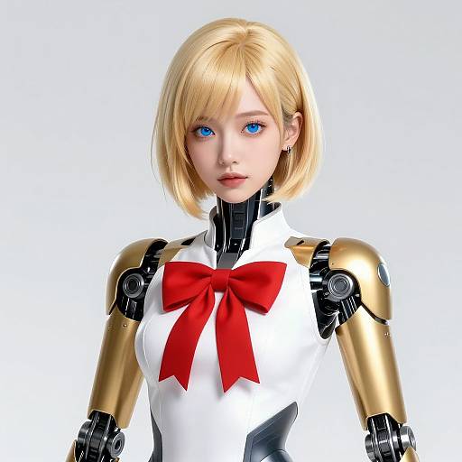 CGI image of a blonde, blue-eyed, robotic woman with a white bodysuit, gold arms, and a large red bow on her chest