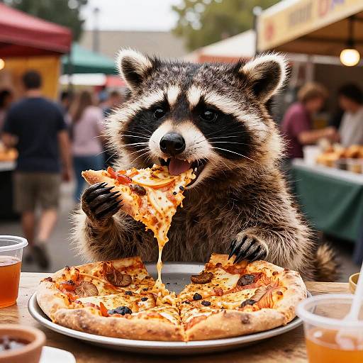 Photorealistic image of a raccoon with black and white fur, eating pizza at an outdoor market, surrounded by people and food.
