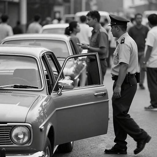 Vintage Car and Crowded Street Scene