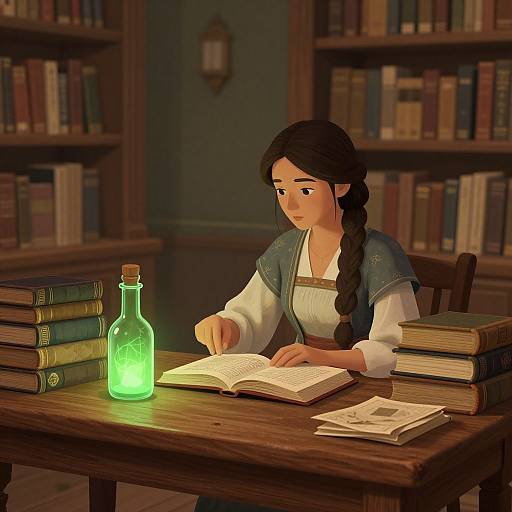 Digital painting of a young woman with brown hair in a braid, wearing a blue dress, reading a book in a dimly-lit library,