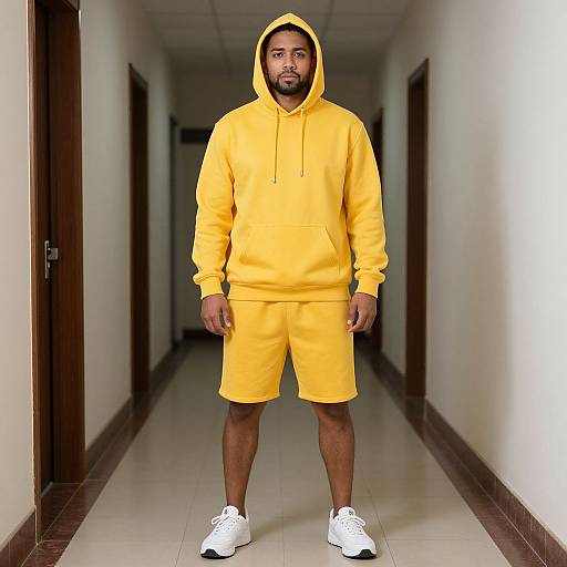 Photograph of a Black man with a beard, wearing a bright yellow hoodie and matching shorts, standing in a white hallway. He has white sneakers and