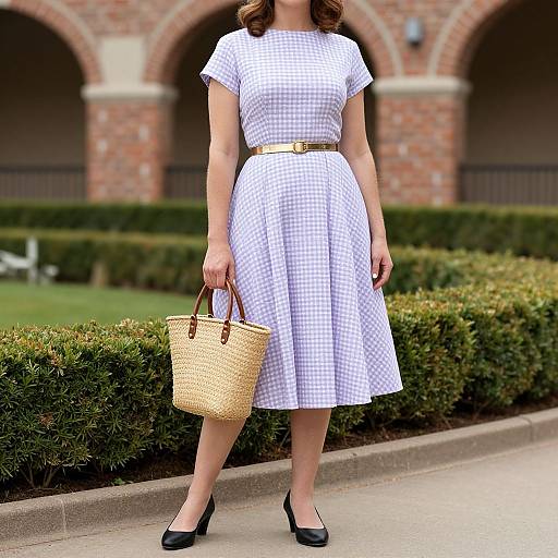 Photograph of a woman in a white gingham dress, gold belt, black heels, holding a wicker handbag, standing in front of a