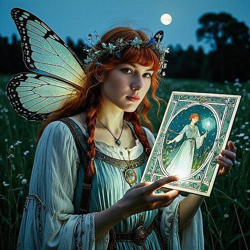 Ethereal Fairy Holding Glowing Map at Twilight