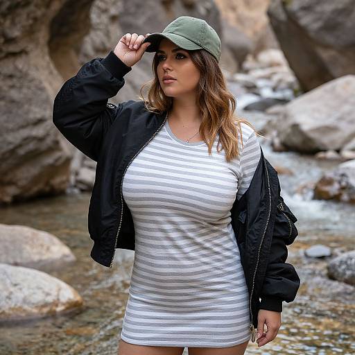Photograph of a curvy woman with long brown hair, wearing a green cap, black jacket, white striped dress, standing in a rocky stream.