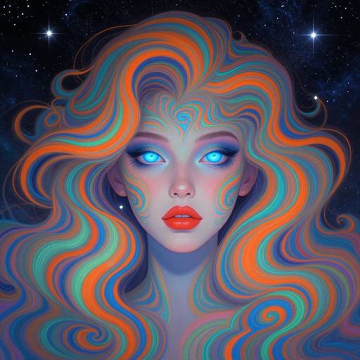 Digital artwork of a woman with glowing blue eyes, vibrant orange and blue swirling hair, red lips, and starry night background.