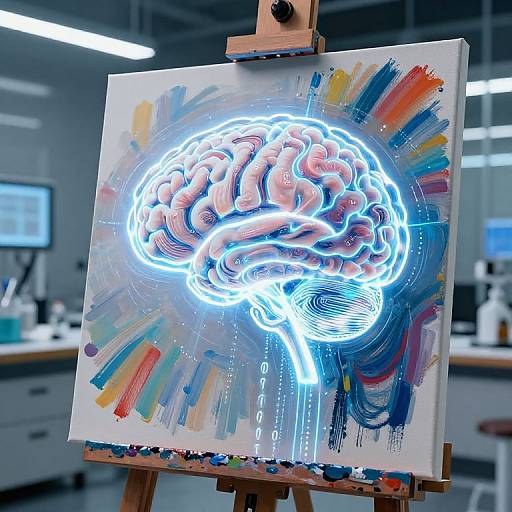 Digital painting of a glowing brain with neon blue outlines, set on an artist's easel in a modern studio. Vibrant brushstrokes surround the
