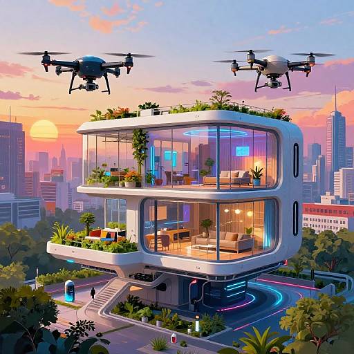 Digital illustration of a futuristic, glass-walled, floating house with rooftop garden, surrounded by drones, cityscape at sunset, and neon-lit street