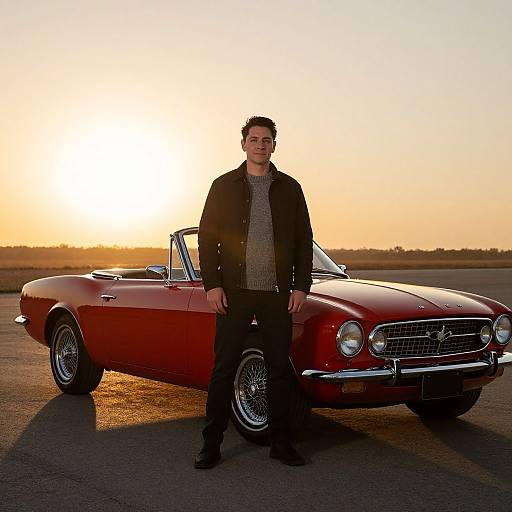 Photograph of a man in a black jacket and gray shirt standing in front of a red convertible car at sunset.