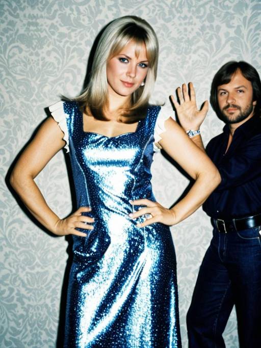 Woman in Shiny Blue Abba Style Dress with Man