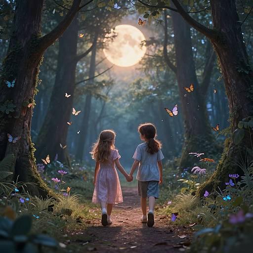 Photograph of two young girls holding hands, walking away on a forest path at dawn, surrounded by glowing butterflies and flowers.