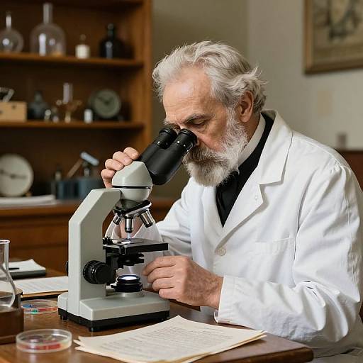 Photograph of an elderly white man with a white beard, wearing a white lab coat, intently examining a microscope in a cluttered laboratory.