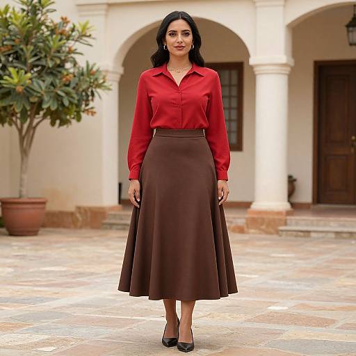 Woman in Red Shirt and Brown Skirt