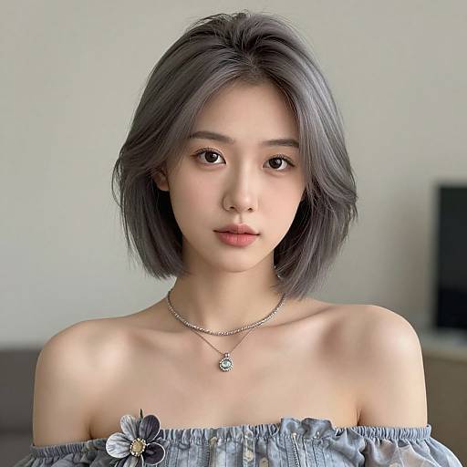 Photorealistic digital portrait of an East Asian woman with short gray hair, wearing an off-shoulder blue-gray dress with a flower, and a
