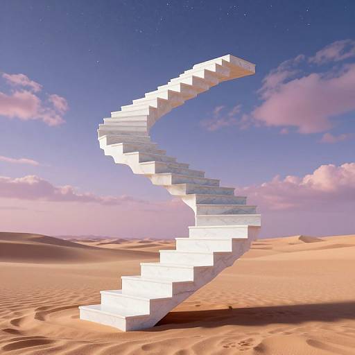 Digital image of a white, cube-staircase structure curving in the middle, standing in a desert with golden sand dunes and a blue sky