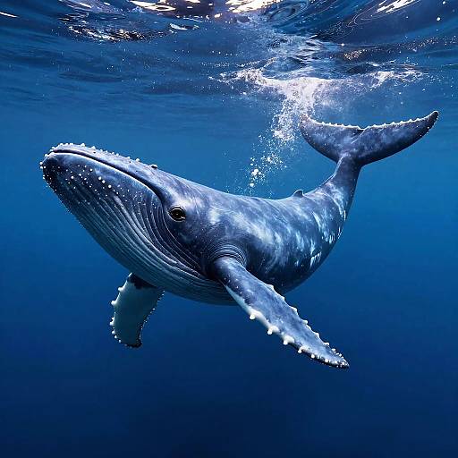Photograph of a majestic blue whale swimming underwater, illuminated by sunlight, with rippling water and bubbles in the deep blue ocean.
