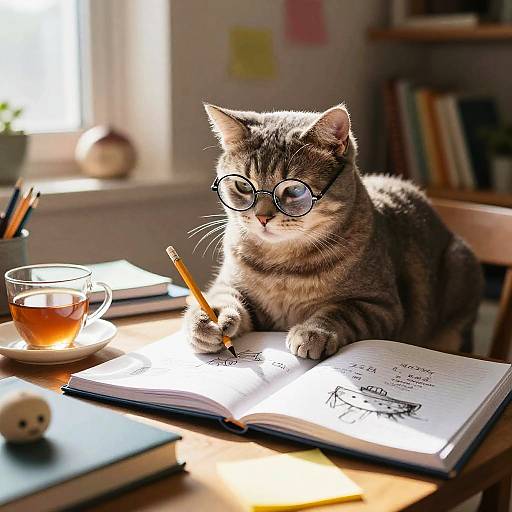 Cozy Cat Studying in Sunlit Attic