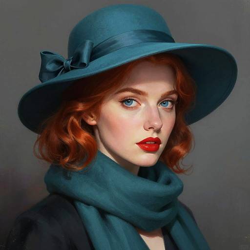 Teal Hat Portrait of Red-Haired Woman