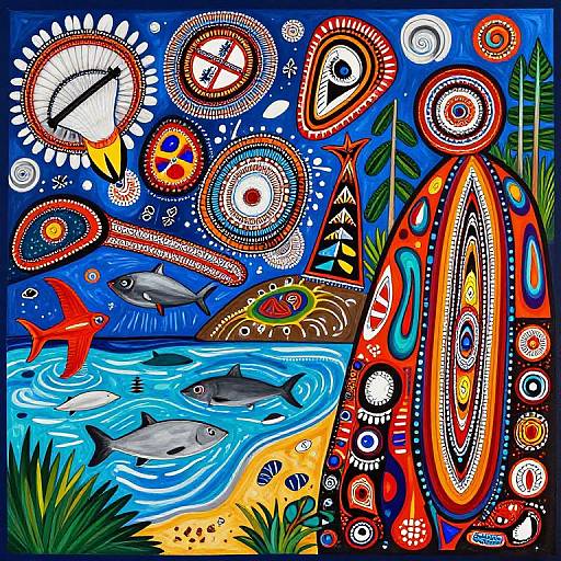 Vibrant, colorful abstract painting featuring swirling patterns, fish, shark, starfish, and tropical plants on a beach with a blue sky.