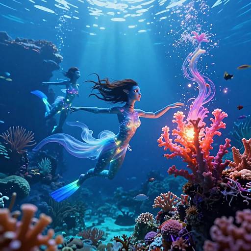 Photograph of two mermaids with flowing blue and pink tails, swimming through a vibrant underwater coral reef illuminated by sunlight.