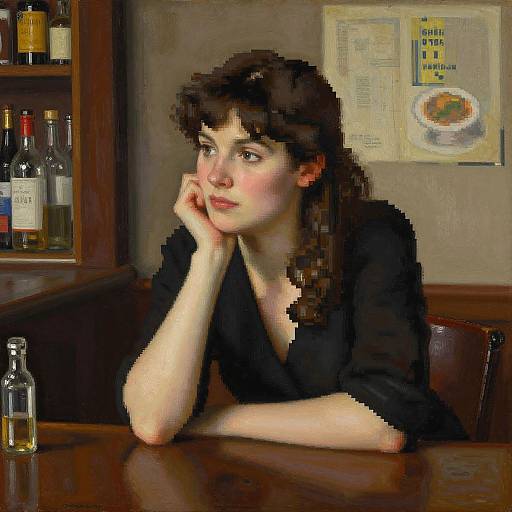 Pixelated digital painting of a pensive woman with dark brown hair, black top, resting her chin on her hand, in a bar with bottles and