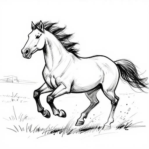 Black-and-white ink drawing of a galloping horse with flowing mane and tail, detailed muscular body, and dynamic movement on grass.