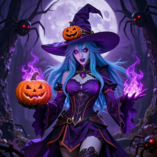 Digital art of a sexy witch with blue hair, purple dress, holding glowing jack-o'-lanterns, under full moon, surrounded by sinister spiders