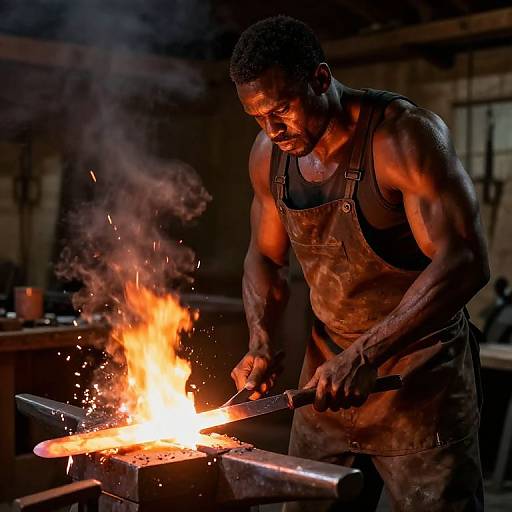 Muscular blacksmith with dark skin, wearing a dirty brown apron, hammers glowing orange hot metal in a dimly lit, smoky forge
