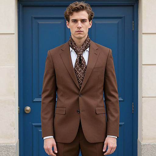 Man in Brown Suit by Blue Door