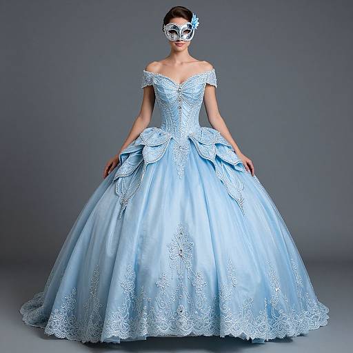 Photograph of a woman in an off-shoulder, light blue, lace-embellished ball gown with a large bow, wearing a matching