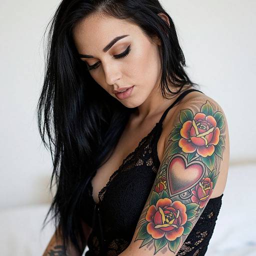 Photograph of a fair-skinned woman with long black hair, wearing a black lace top, showing a colorful tattoo sleeve with roses and a heart on