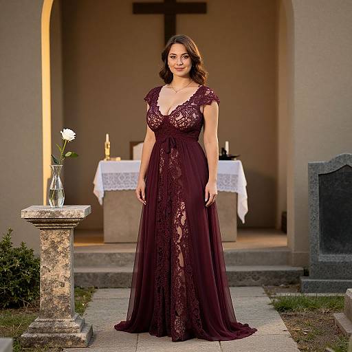 Photograph of a brunette woman in a sheer, deep purple lace gown standing in a church, with a flower vase on a stone pedestal and a cross