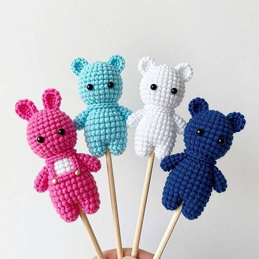 Photograph of four crocheted teddy bears, pink, blue, white, and dark blue, on wooden sticks, with black eyes and small