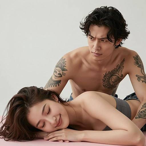 Tattooed Shirtless Man Behind Smiling Woman on Pink Surface