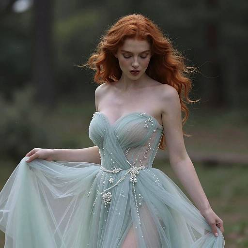 Photograph of a fair-skinned, red-haired woman with wavy hair, wearing a strapless, light blue, tulle gown adorned with sparkling