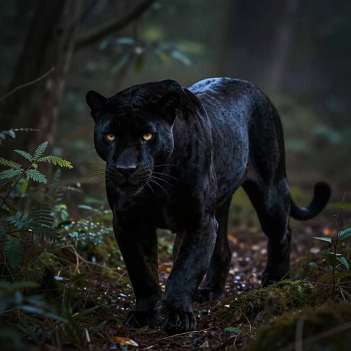 Photograph of a black jaguar with glowing yellow eyes, walking through a dark, misty forest, surrounded by moss-covered ground and ferns.