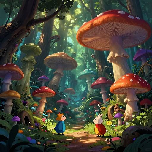 Whimsical forest scene: colorful, large mushrooms, two small anthropomorphic birds, vibrant flowers, and lush greenery, illuminated by dappled